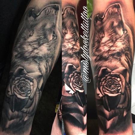 Tattoos - Black and grey wolf with rose - 132213